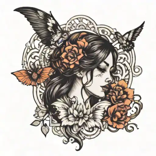 Blackwork Tattoo Of A Woman In Half Flowers And Butterflies And A Phoenix In The Background