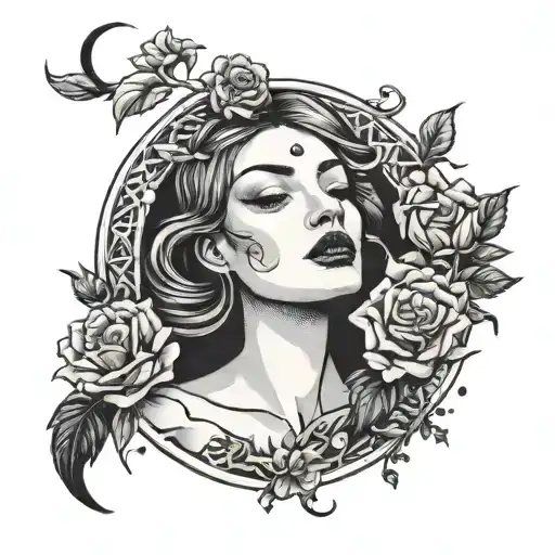 Blackwork Tattoo Of A Woman In Half Flowers And The Moon