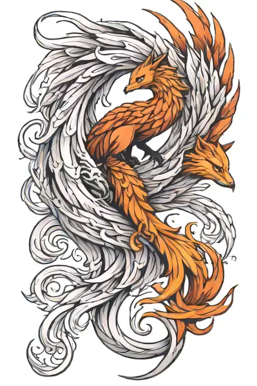 Pheonix And A Nine Tail Fox Connected By Tails