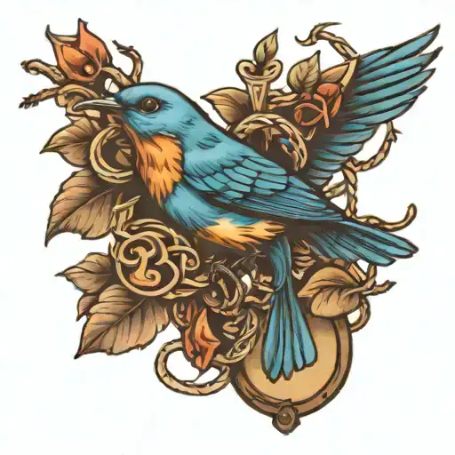 Blue Bird On A Branch With Dog Tags Intertwined