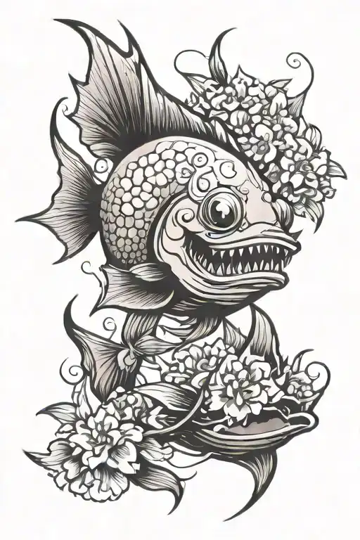 Tribal Angler Fish Whit Sakura Flowers