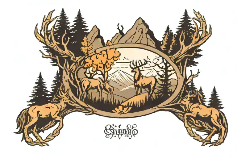 Horse Shoe With Mountains And Trees And 3 Deer