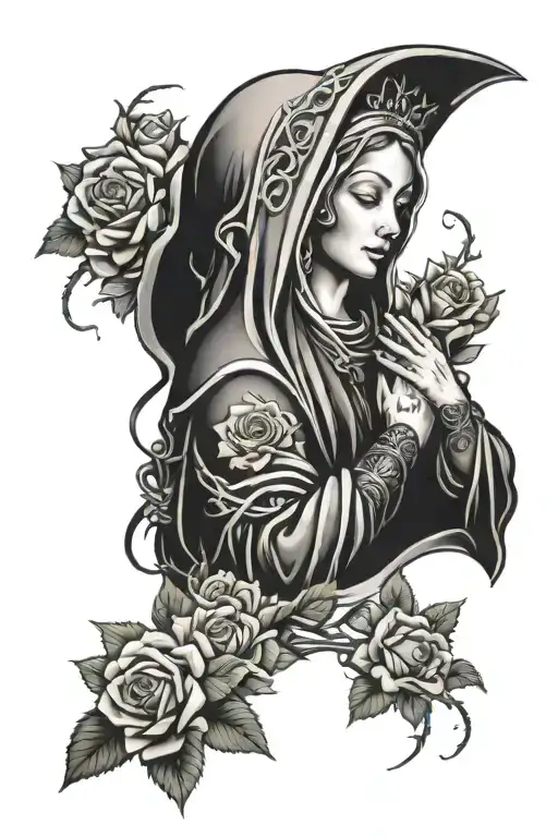 Full Sleeve Virgin Mary With Roses And Thorns
