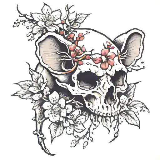 Rat Skull With Cherry Blossoms Around It