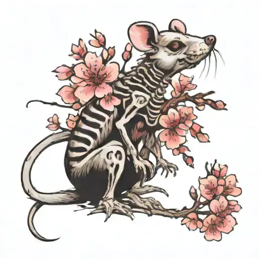 Rat Skeleton With Cherry Blossoms