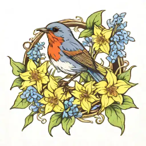 Robin Surrounded By Bluebells And Daffodils