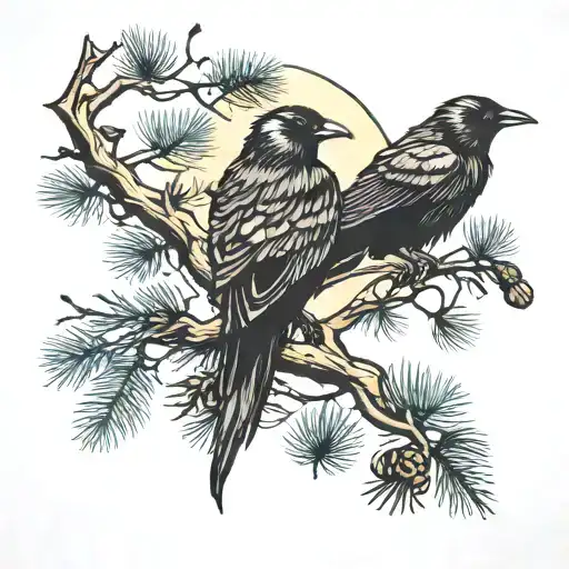 Pine Tree And Raven Perched