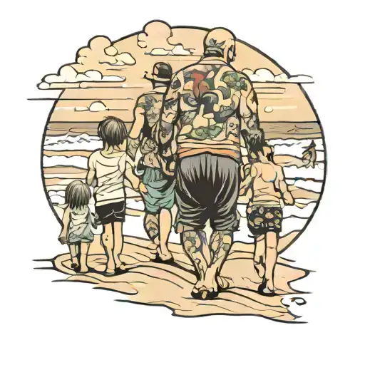 Dad Walking On Beach With 3 Kids From Back