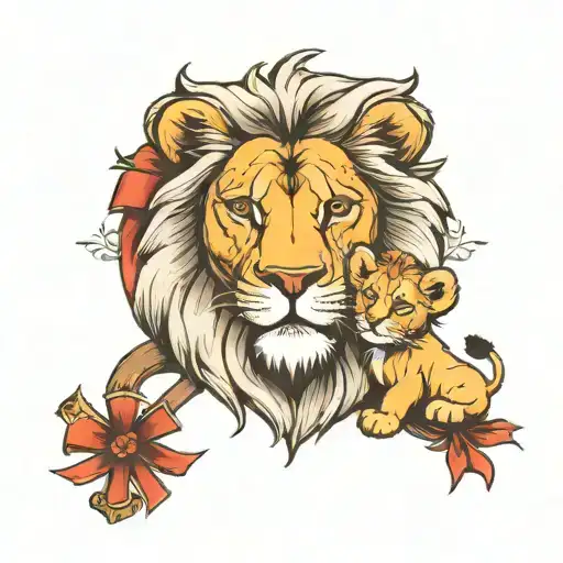 Lion With Cub With Cross And Awareness Ribbon