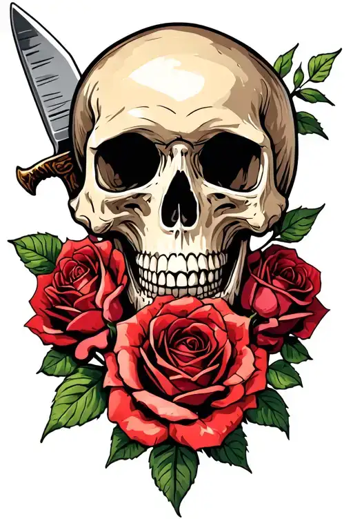 Skull And Roses With A Knife Piercing The Skull