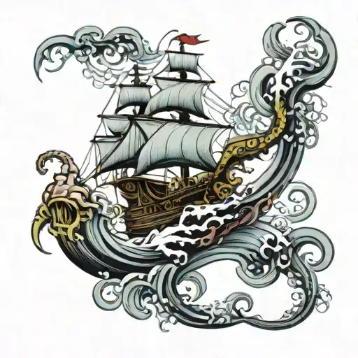 Kraken Attacking And Ship Sailing Through Stormy Seas