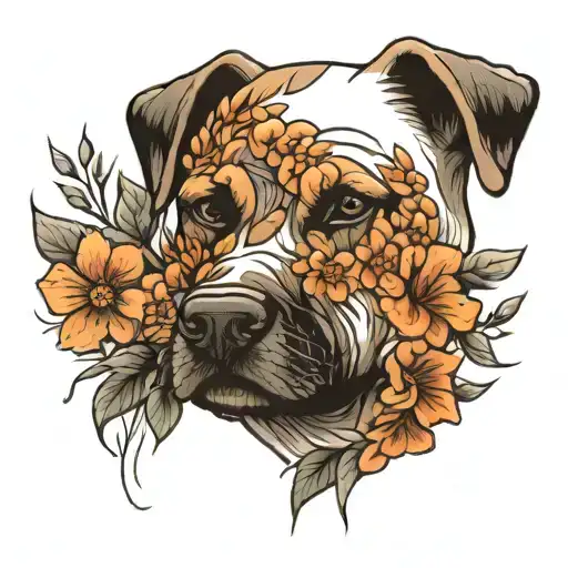 Dog And Flowers And Plant Branches