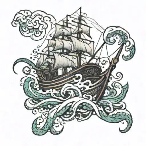 Kraken Attacking Boat From Under The Boat During A Storm In The Sea