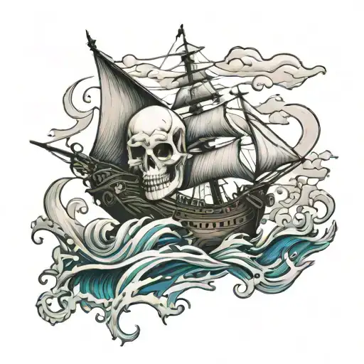 Ship On Ocean With Skull Rock
