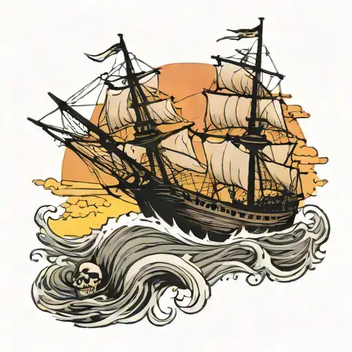 Ship Sailing Torwards Sunset With Skull Shaped Rock On Water