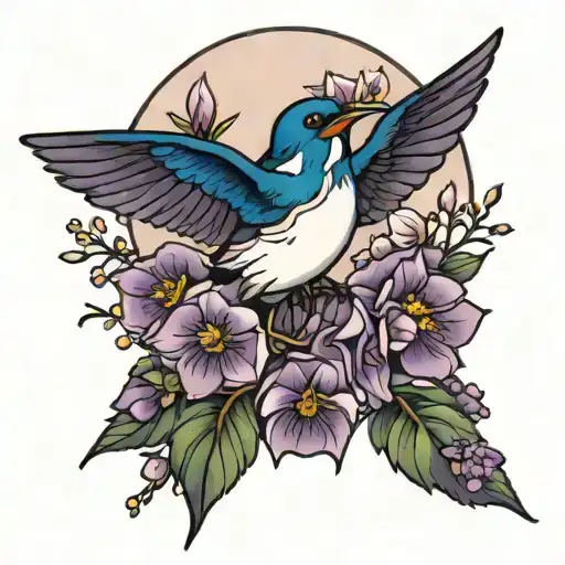 Swallow Bird And Purple Moon And Flowers Tattoo