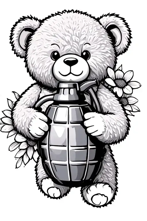 Teddy Bear Holding Grenade With Flowers