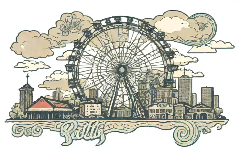 Seattle Skyline With Ferris Wheel & Public Market Sign With Sunray & Clouds With Water Front