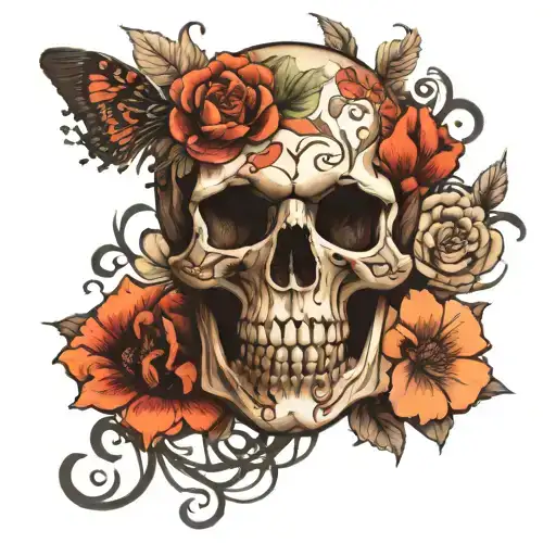 Irezumi Tattoo On Stomach Skull Flowers Growing