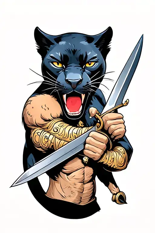 A Black Panther With A Dagger In It's Mouth Protecting His Family