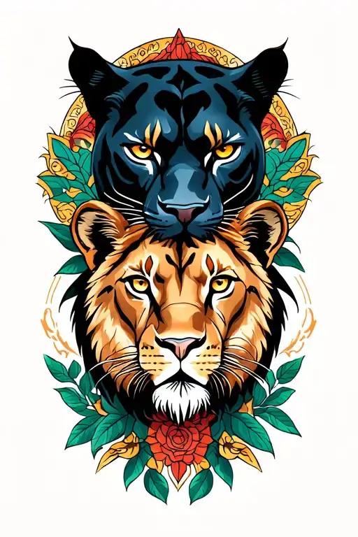 A Black Panther Protecting A Lioness