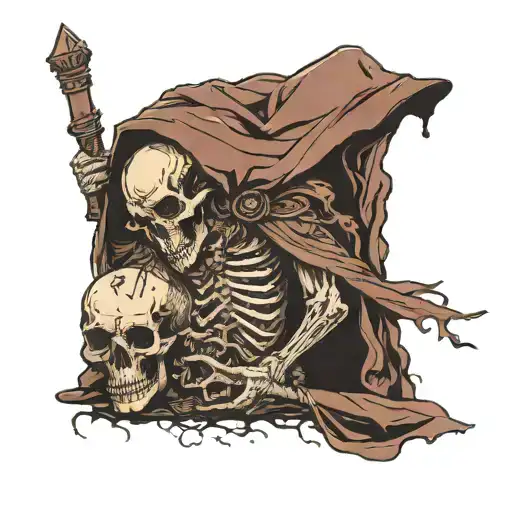 Plague Docotor Looking To The Side Cradling A Human Skull In Its Arms With Cape Flowing Around It