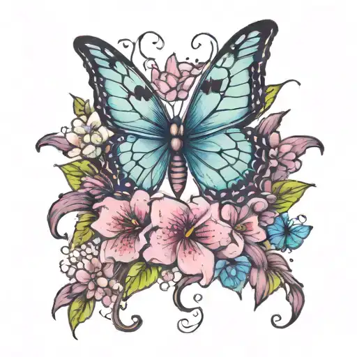 Lilac And Orcids With Blue Butterflies And A Birth And Death Date