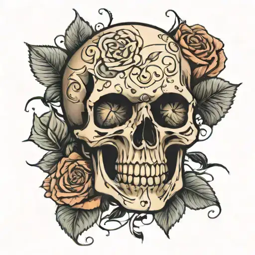 A Skeleton Head With Roses Surrounding The Skull