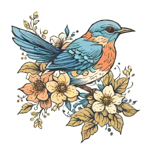 Blue Bird And Flowers Blooming