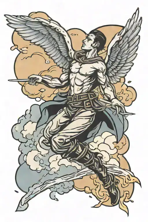 Male Angle Flying Up To Clouds Through Lighting And Rain And Thunder