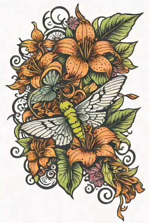Tiger Lily Whimsical With Hummingbird And Dragonfly