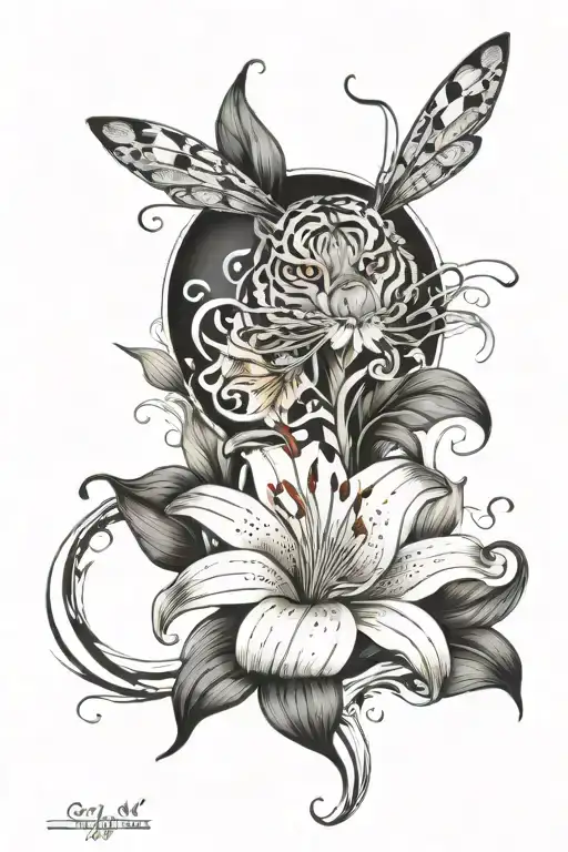 Tiger Lily Whimsical With Water Wave And Dragonfly