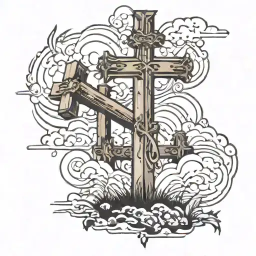 Three Crosses With Heaven Like Background With A Women Walking Up A Path