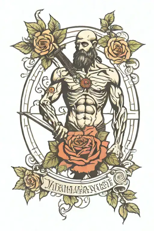 Vitruvian Man Adorned With Roses And Nightshade With One Hand Holding A Sword