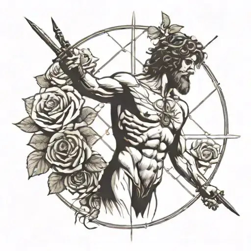 Vitruvian Man Surrounded By Roses With One Hand Holding A Sword
