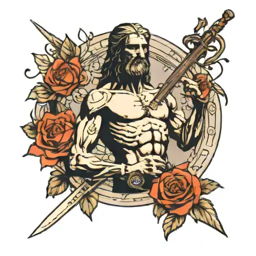 Davinci's Vitruvian Man Sholding A Sword Surrounded By Roses