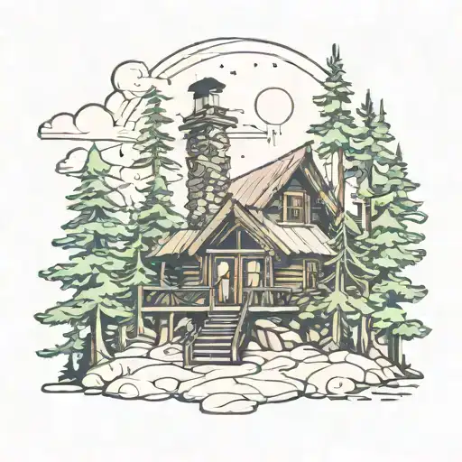 A Cabin Nestled Within A Tall Pine Forest With Illuminated Windows And Smoke From The Chimney