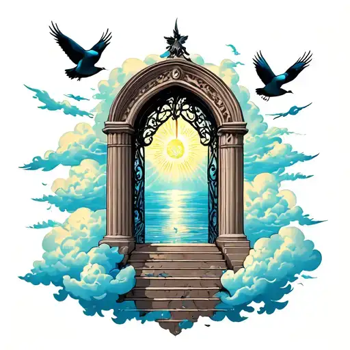 Gates Opean To Heaven With Birds And Clouds Surrounding