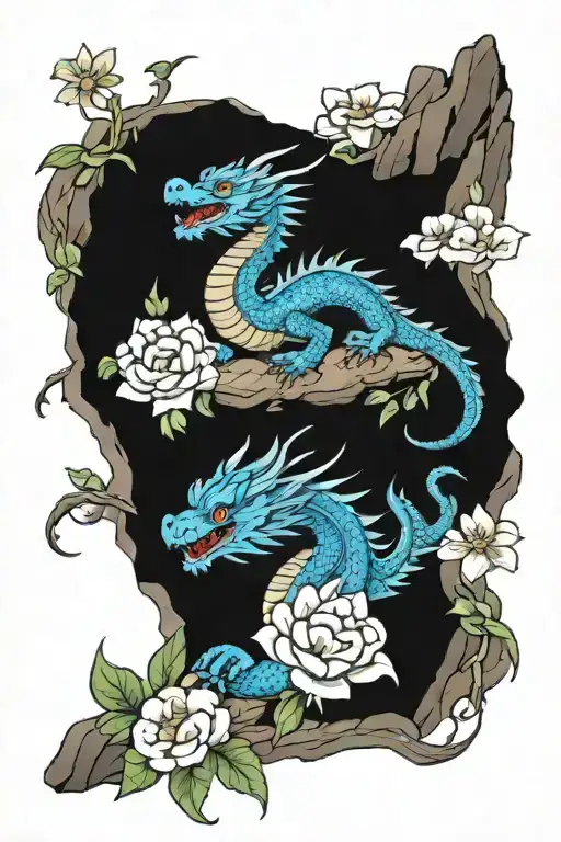 Blue Dragon Around A Mountain With Flowers On The Background