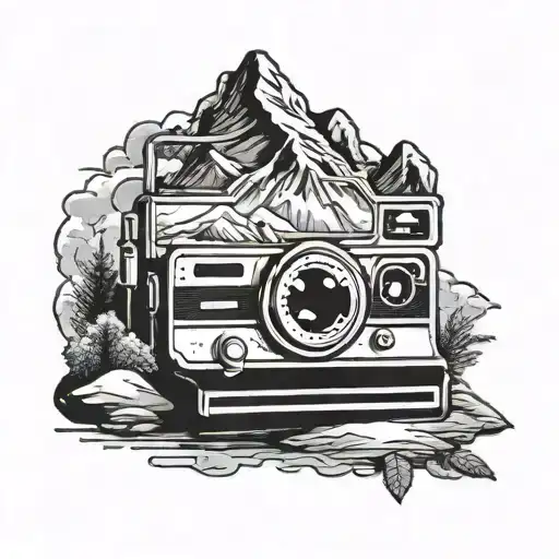 Black And White Polaroid Camera With Mountains In The Lens