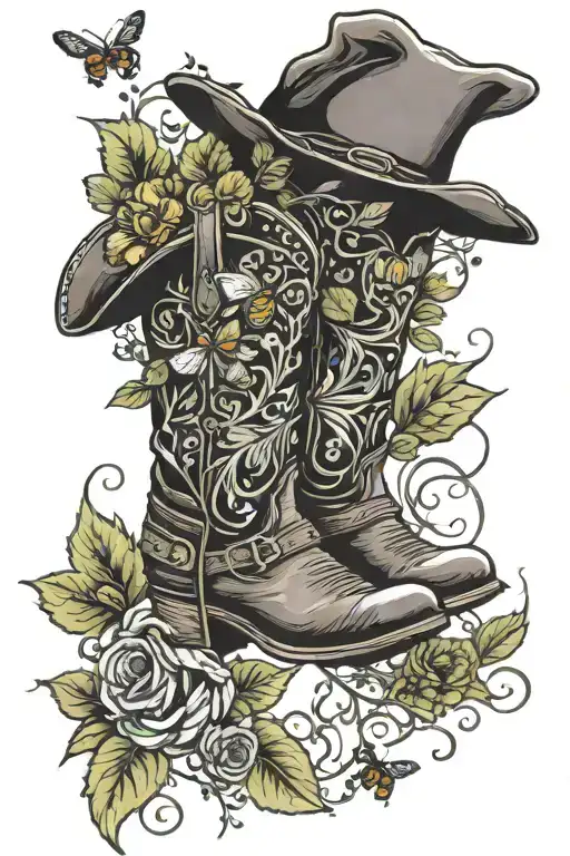 Cowboy Boots With A Cowboy Hat With Vines And A Bumble Bee