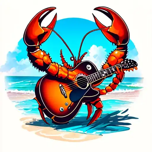 Lobster Rocking Out On A Guitar On The Beach