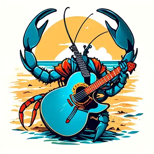 Lobster Rocking Out On A Guitar On The Beach Scene