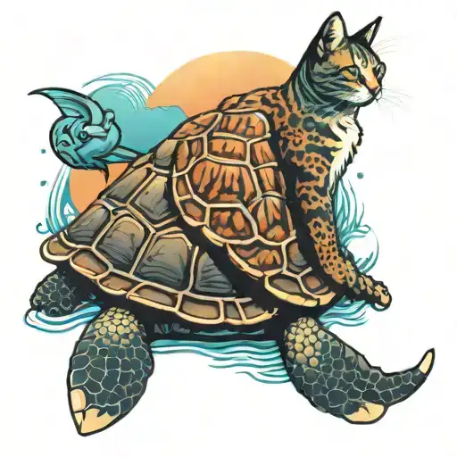 Cat And Sea Turtle Sitting Together Looking At Sunset