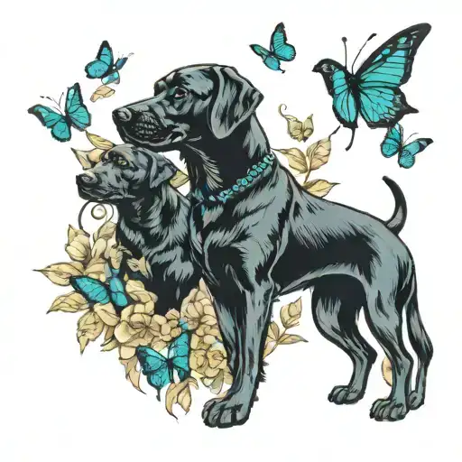 Black Labs With Teal Butterflies Surrounded
