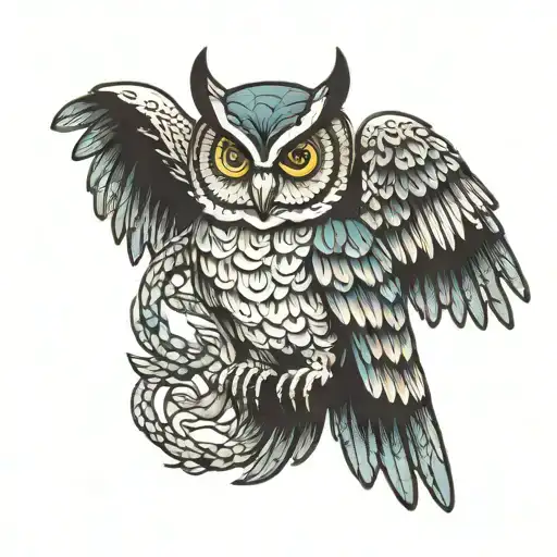 Owl With Spreaded Wings Holding A Snake In Her Claws