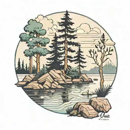 Pine Tree And A Lake Scene