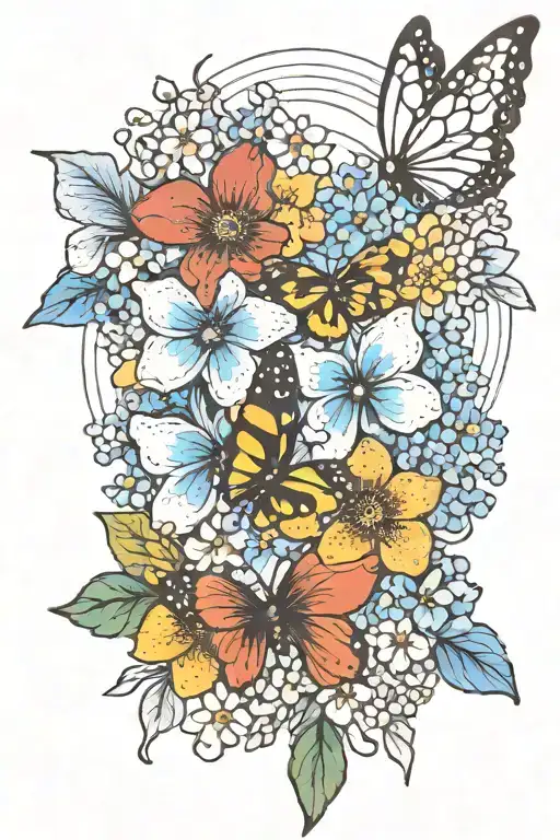 Forget Me Not Flowers With Rainbow And Butterflies
