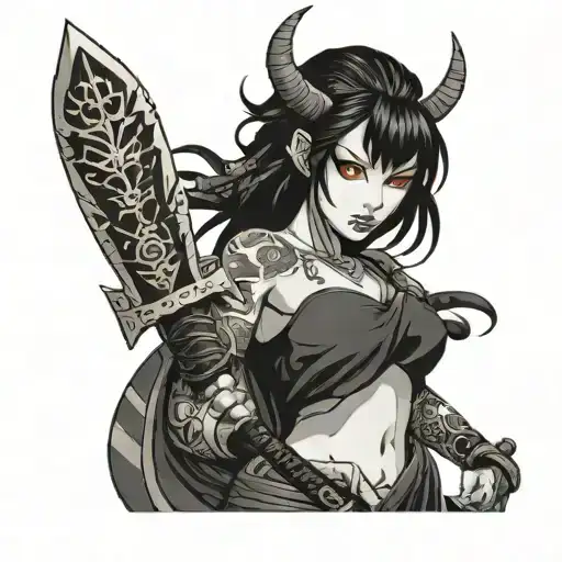 Oni Girl With Black Hair Holding A Sword