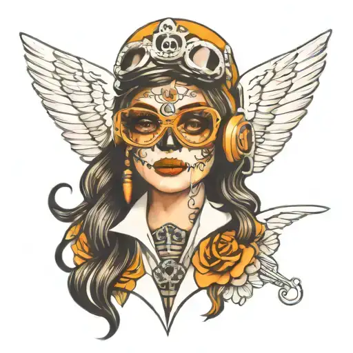 A Dia De Los Muertos Inspired Tattoo Of A Girl Sugar Skull Pilot Wearing Aviator Goggles